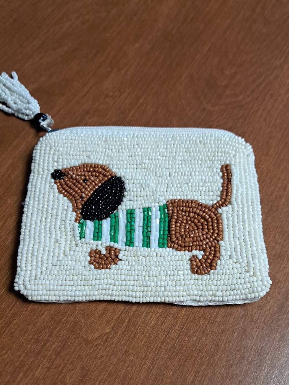 Hobby Lobby Beaded Dachshund Mini Bag - White, Brown & Green